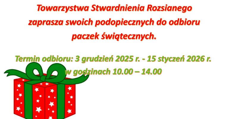 Rada Oddziału Łódzkiego Polskiego Towarzystwa Stwardnienia Rozsianego zaprasza swoich podopiecznych do odbioru paczek świątecznych.