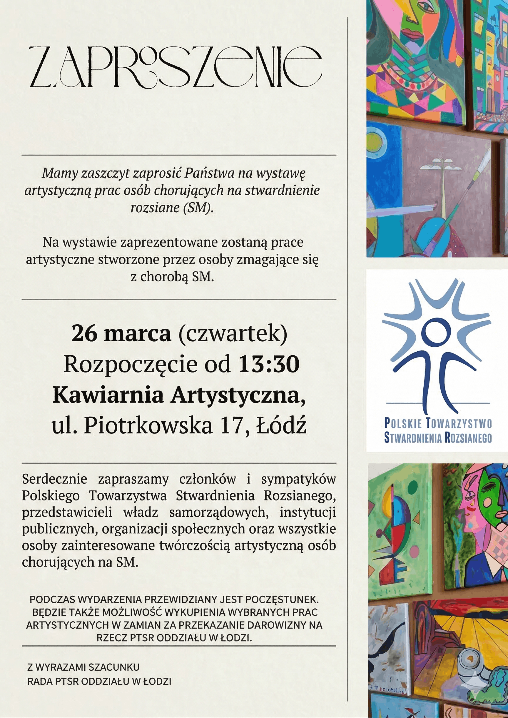 ZAPROSZENIE na wystawę artystyczną prac osób chorujących na stwardnienie rozsiane